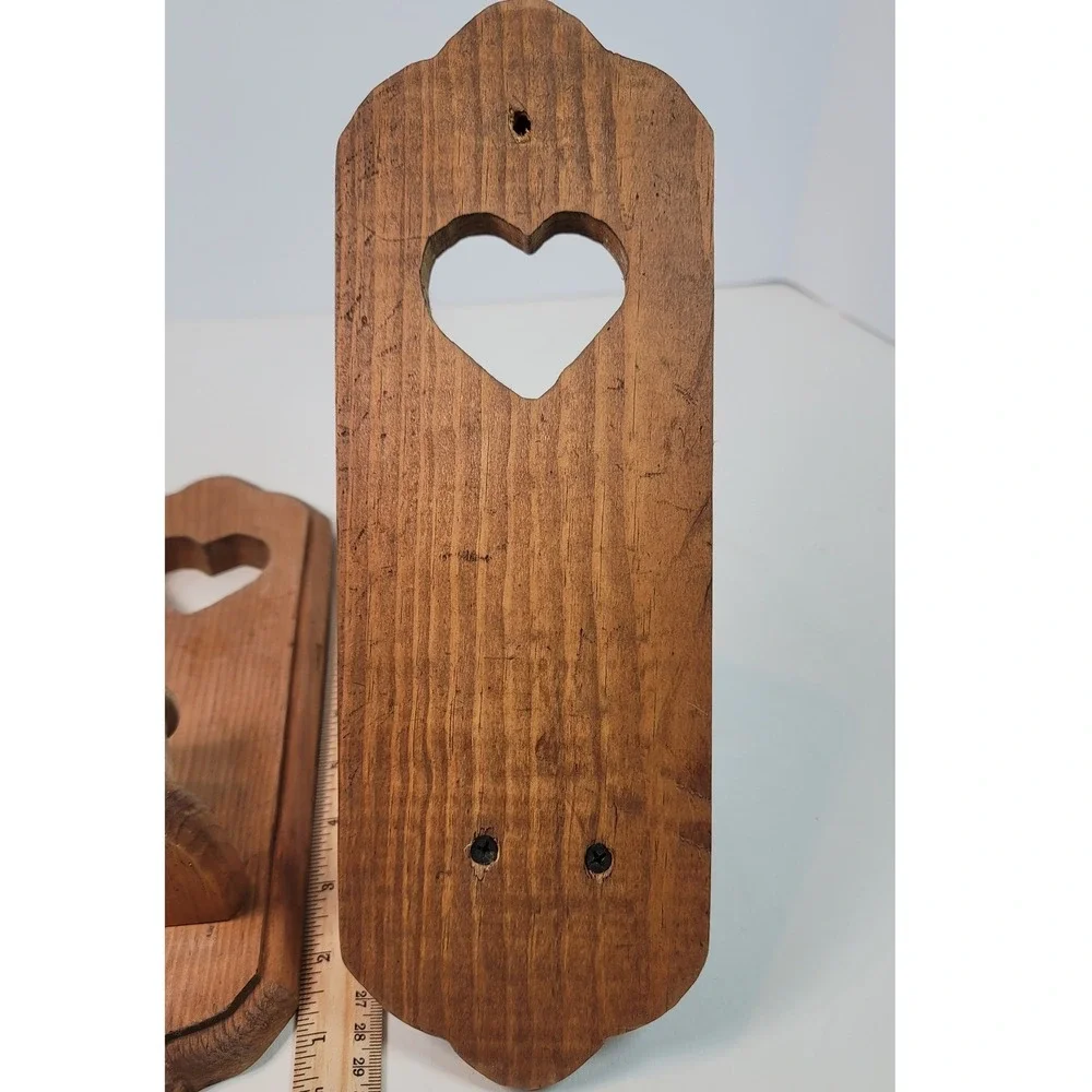 Vintage Wooden Wall Sconce Candle Holders Pair Heart Cutout Farmhouse 12in